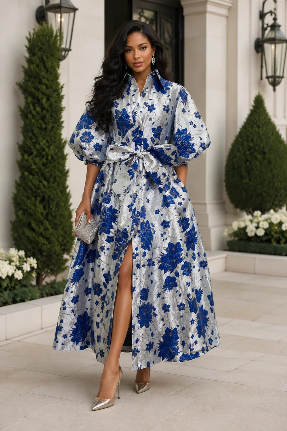 The Blue Floral Jacquard Maxi Dress