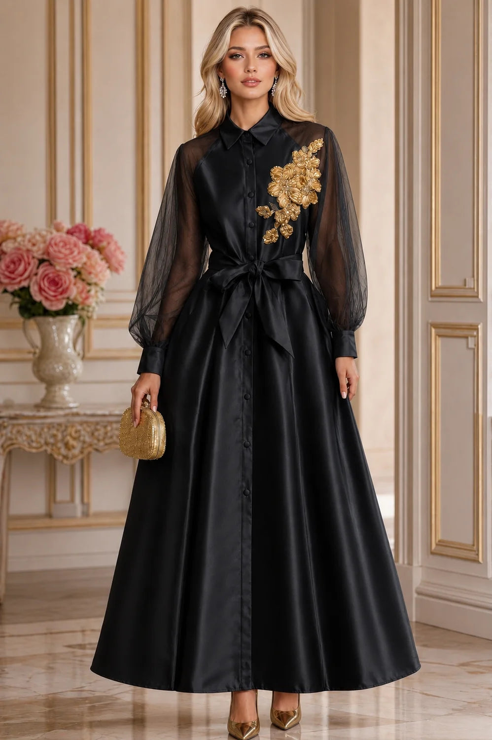 The Grace Floral Appliqué Mikado Maxi Dress