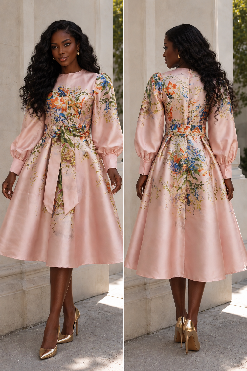 Blushing Pink Floral Mikado Midi Dress