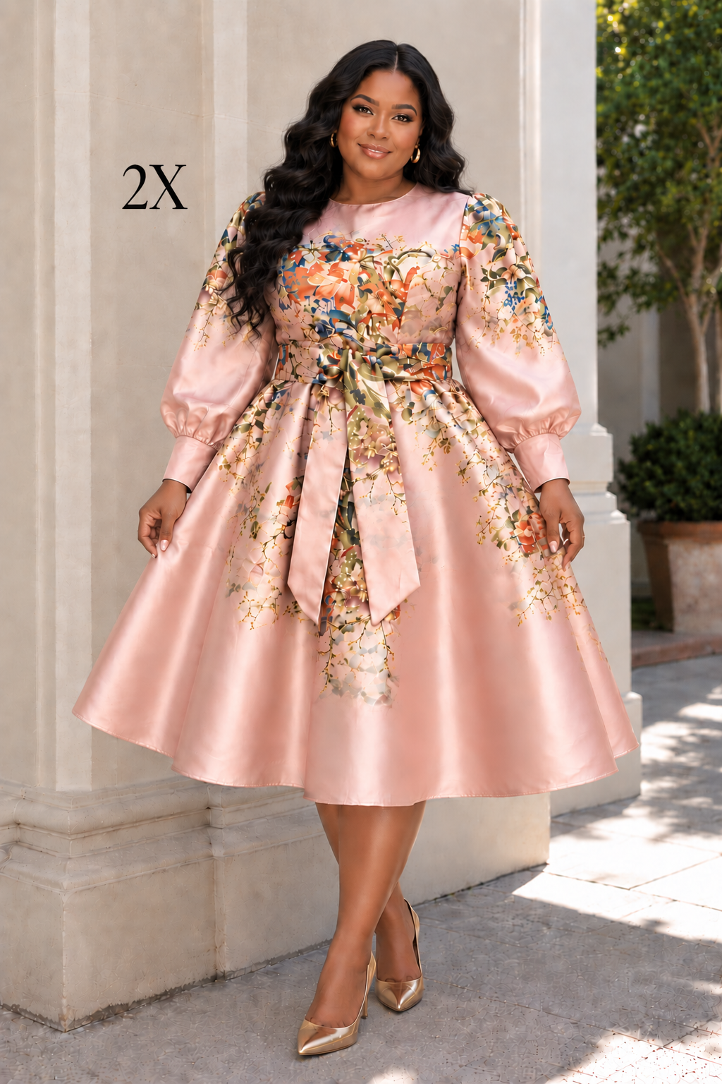 Blushing Pink Floral Mikado Midi Dress