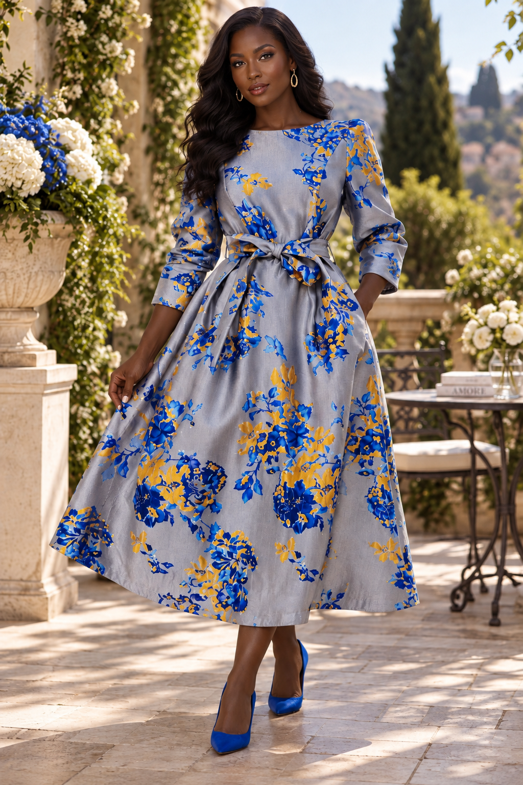 The Blue & Amber Floral Mikado Midi Dress