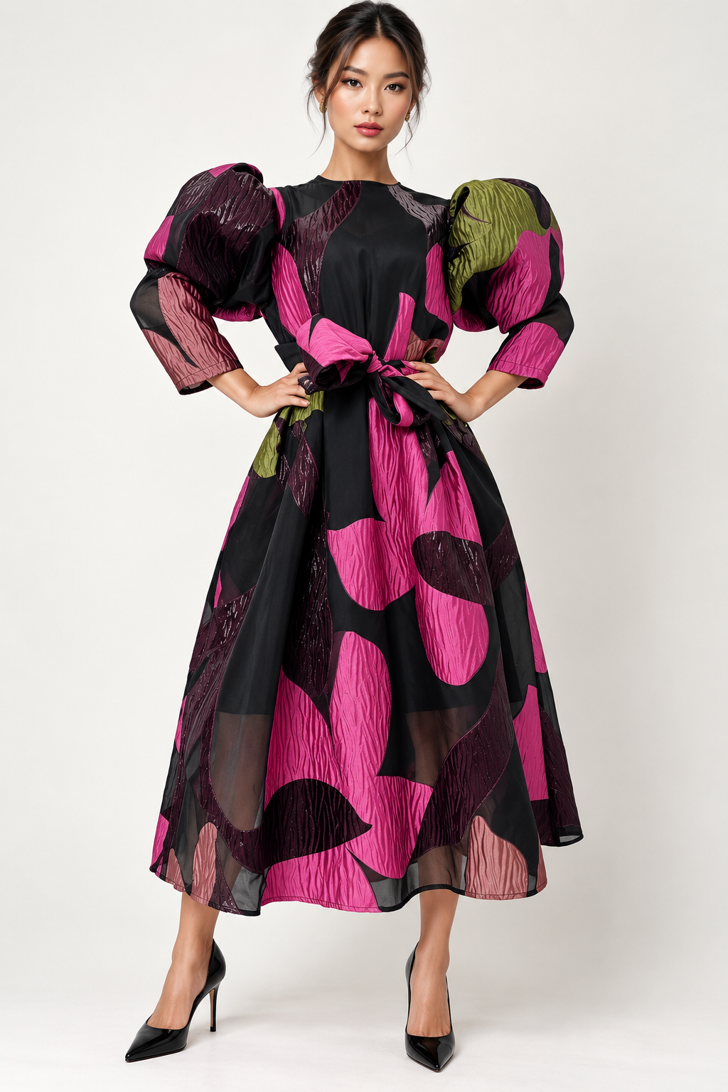 Art of Drama Puff Sleeve Midi Dress