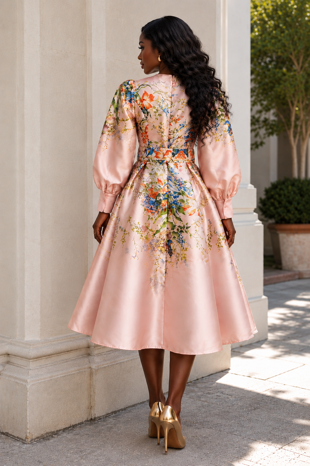 Blushing Pink Floral Mikado Midi Dress