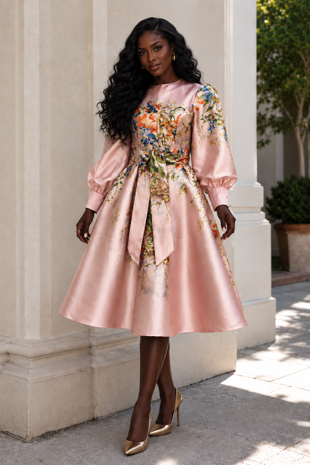 Blushing Pink Floral Mikado Midi Dress