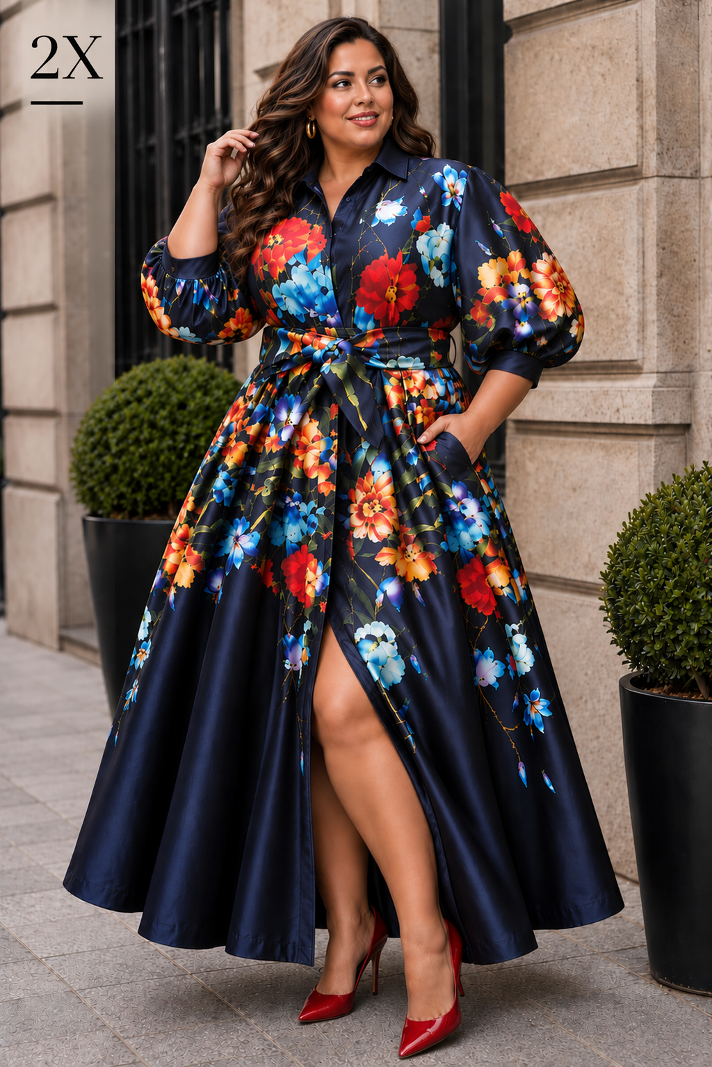 Navy Mikado Floral Maxi Dress