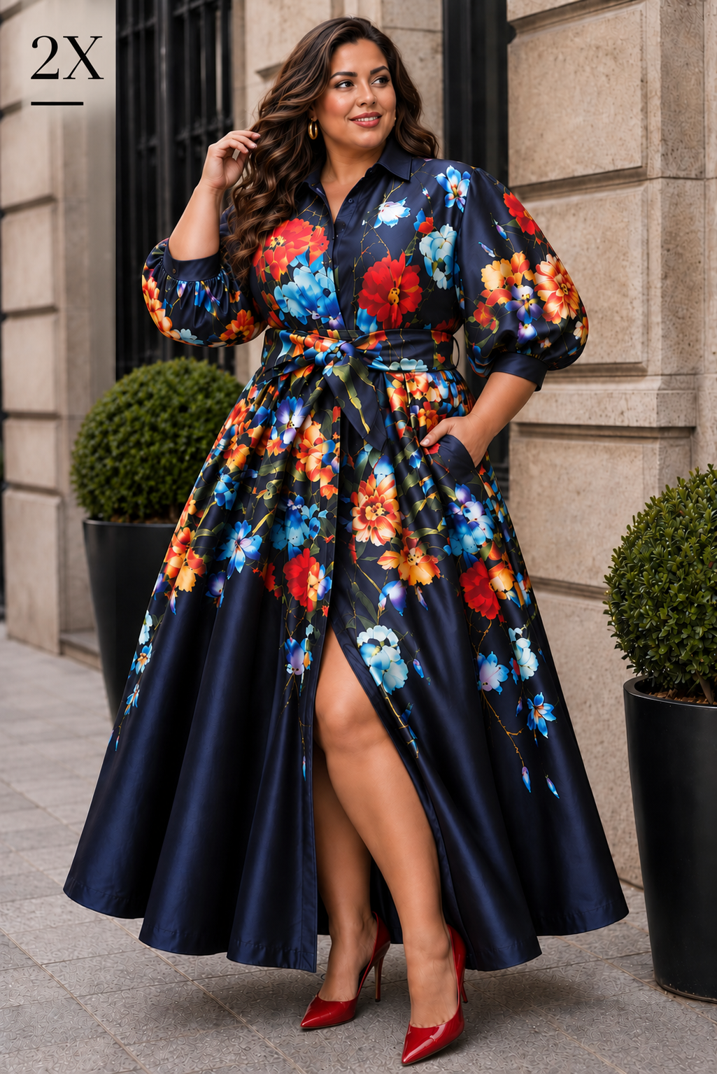Navy Mikado Floral Maxi Dress