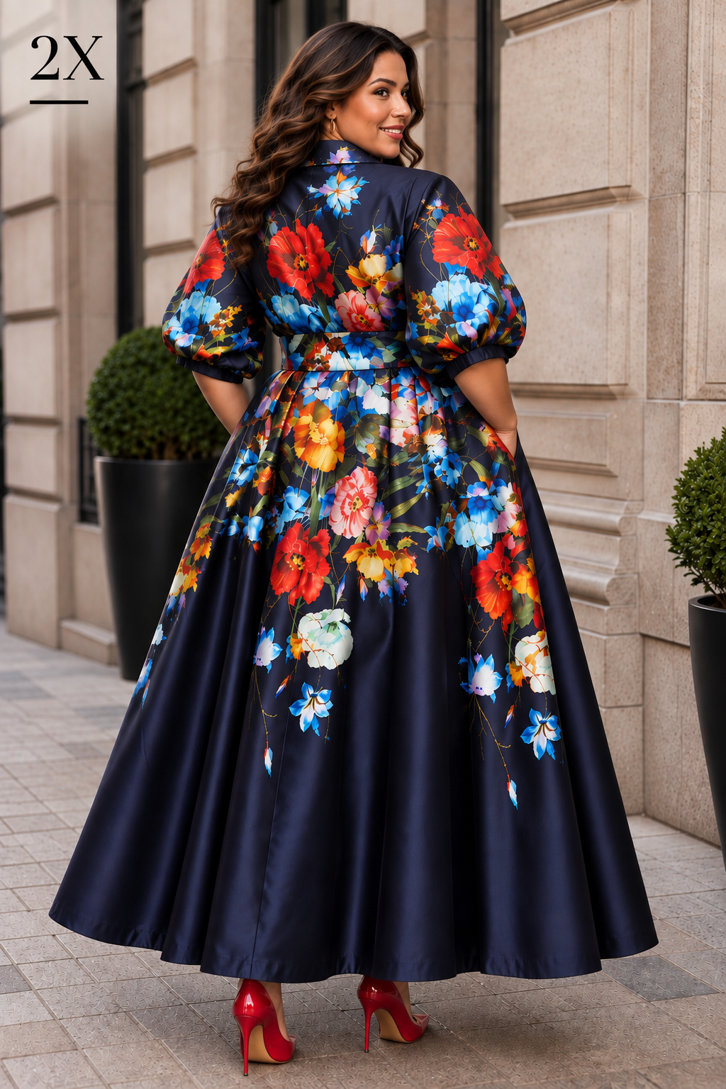 Navy Mikado Floral Maxi Dress
