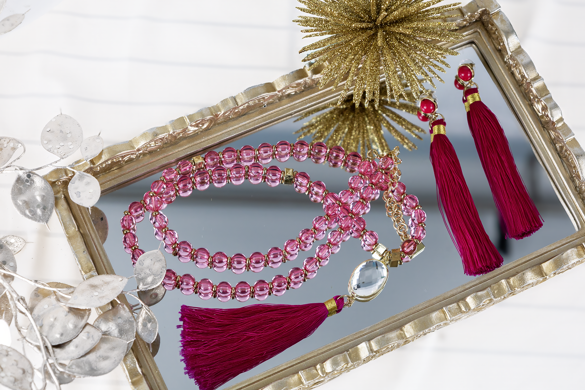 Clear Pink/Gold Bead necklace w/tassel earring set