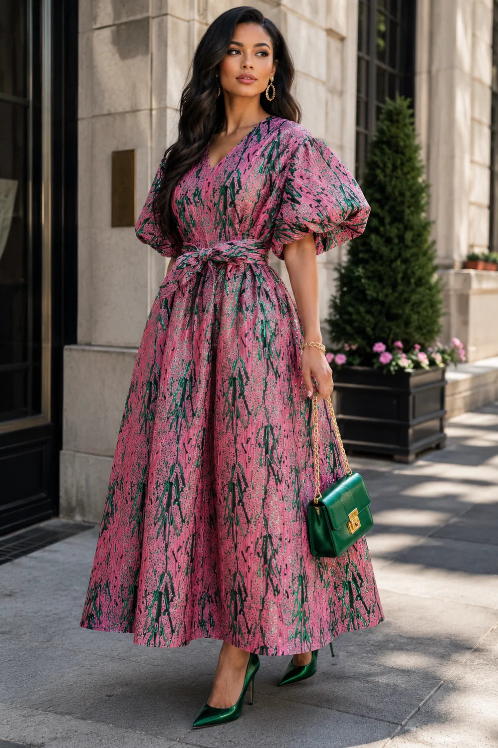 The Monet Pink & Green Brocade Maxi Dress