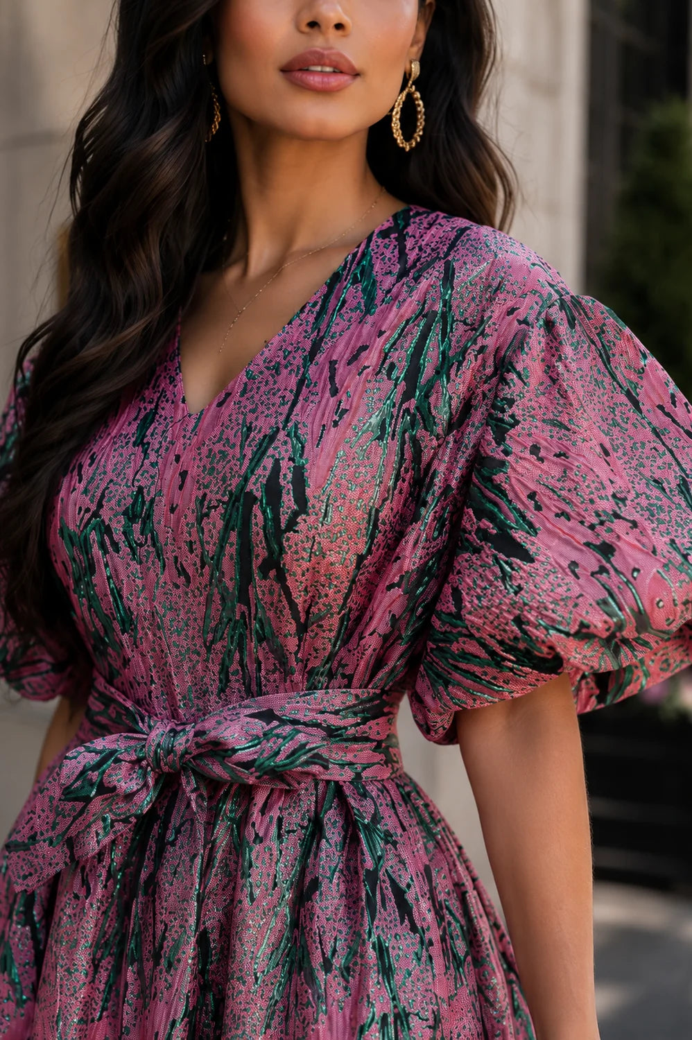 The Monet Pink & Green Brocade Maxi Dress