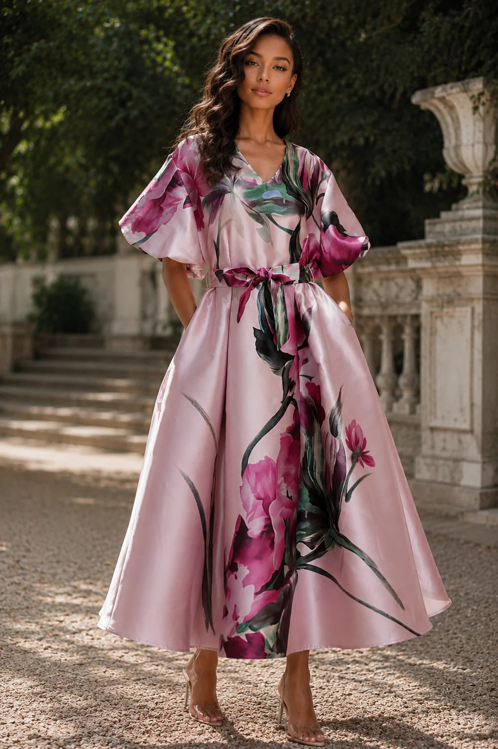 In Full Bloom Pink Floral Mikado Maxi Dress