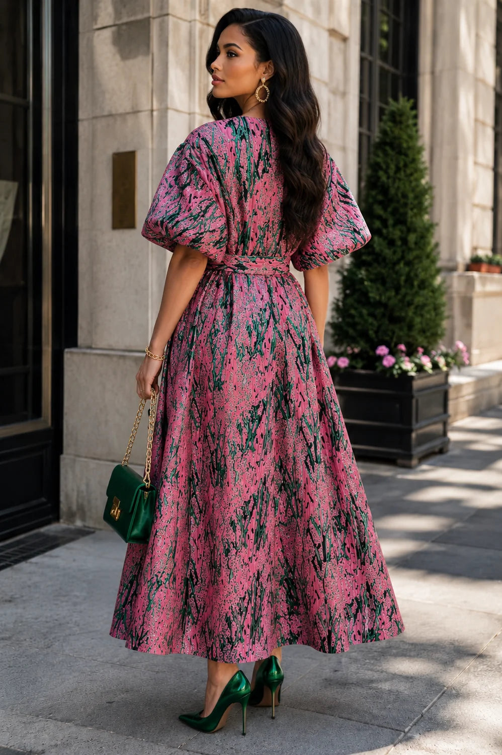 The Monet Pink & Green Brocade Maxi Dress